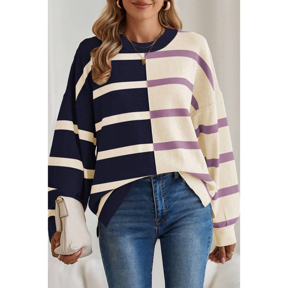 NEW SHEWIN striped color block drop shoulder sweater in navy stripe